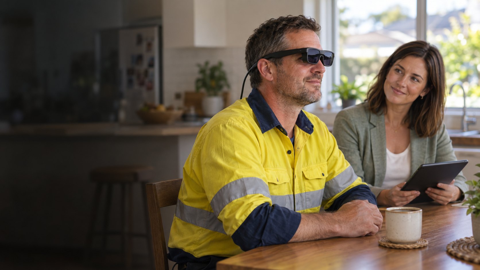 A worker at his kitchen table wearing lightweight AR glasses, with a rehabilitation case manager beside him
